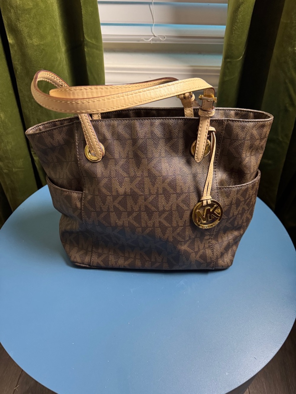 Michael Kors Brown MK Logo Tote with Tan Handles